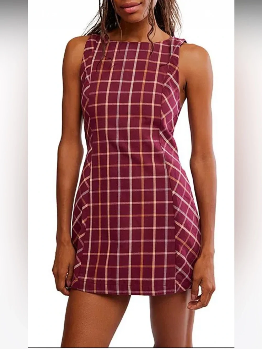 NWT🌷(S) Free People Plaid Printed Boat Neck Sleeveless Back Cut-Out Mini Dress